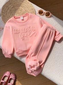 SHEIN 2件組女嬰可愛灰色字母印花長袖衛衣與長褲套裝 - 粉色 - 查看 7