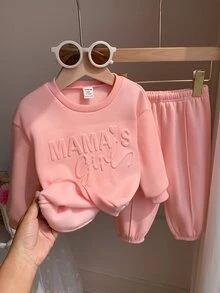 SHEIN 2件組女嬰可愛灰色字母印花長袖衛衣與長褲套裝 - 粉色 - 查看 3