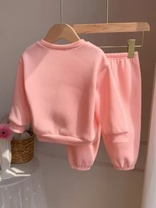SHEIN 2件組女嬰可愛灰色字母印花長袖衛衣與長褲套裝 - 粉色 - 查看 2