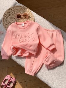 SHEIN 2件組女嬰可愛灰色字母印花長袖衛衣與長褲套裝 - 粉色 - 查看 1
