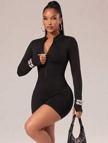 Radiana Combinaison de sport pour femme à col montant, fermeture éclair avant, manches longues, jambes courtes, dos nu et fermeture éclair - Noir - Voir 9