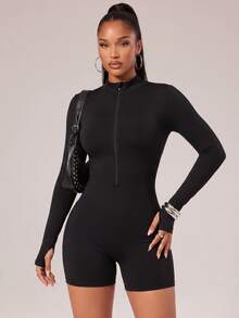 Radiana Combinaison de sport pour femme à col montant, fermeture éclair avant, manches longues, jambes courtes, dos nu et fermeture éclair - Noir - Voir 11