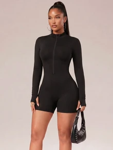 Radiana Combinaison de sport pour femme à col montant, fermeture éclair avant, manches longues, jambes courtes, dos nu et fermeture éclair - Noir - Voir 14