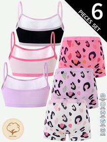 Bộ 3 set áo hai dây và quần boxer cho bé gái bằng cotton nguyên chất, họa tiết trái tim và da báo, nhiều màu nhiều hoa văn hồng tím đen, mặc được mọi mùa - Nhiều màu - Xem 2