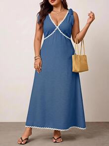 Enliva Plus-Size Women's Sleeveless Color Block Midi Dress Chic Summer Vacation Casual Boho, For Apple And Rounded Body Shape Brunch Beach Light Blue - Blue - View 5