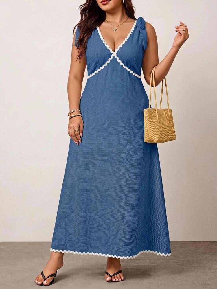 Enliva Plus-Size Women's Sleeveless Color Block Midi Dress Chic Summer Vacation Casual, For Apple And Rounded Body Shape - Blue - View 5