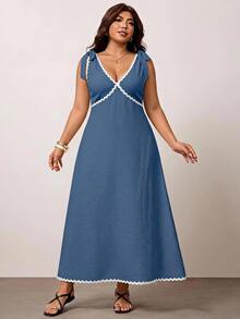 Enliva Plus-Size Women's Sleeveless Color Block Midi Dress Chic Summer Vacation Casual Boho, For Apple And Rounded Body Shape Brunch Beach Light Blue - Blue - View 3