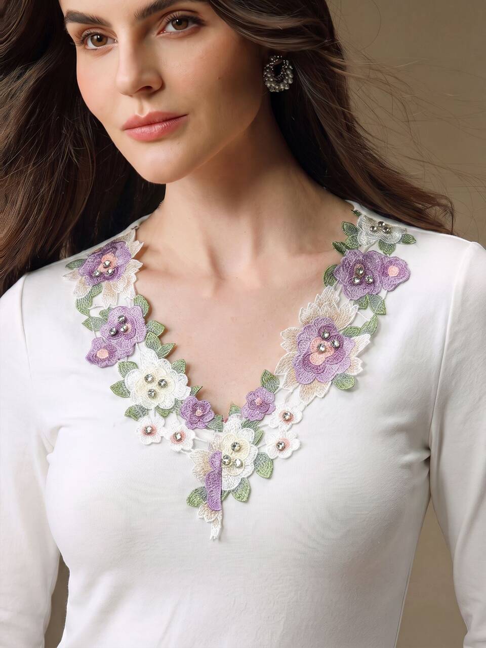 Anewsta Women's New Autumn White V-Neck Floral Hollow Embroidery Rhinestone Decorated Elegant Elegant Blouse Romantic Daily Vacation Holiday Outfit
