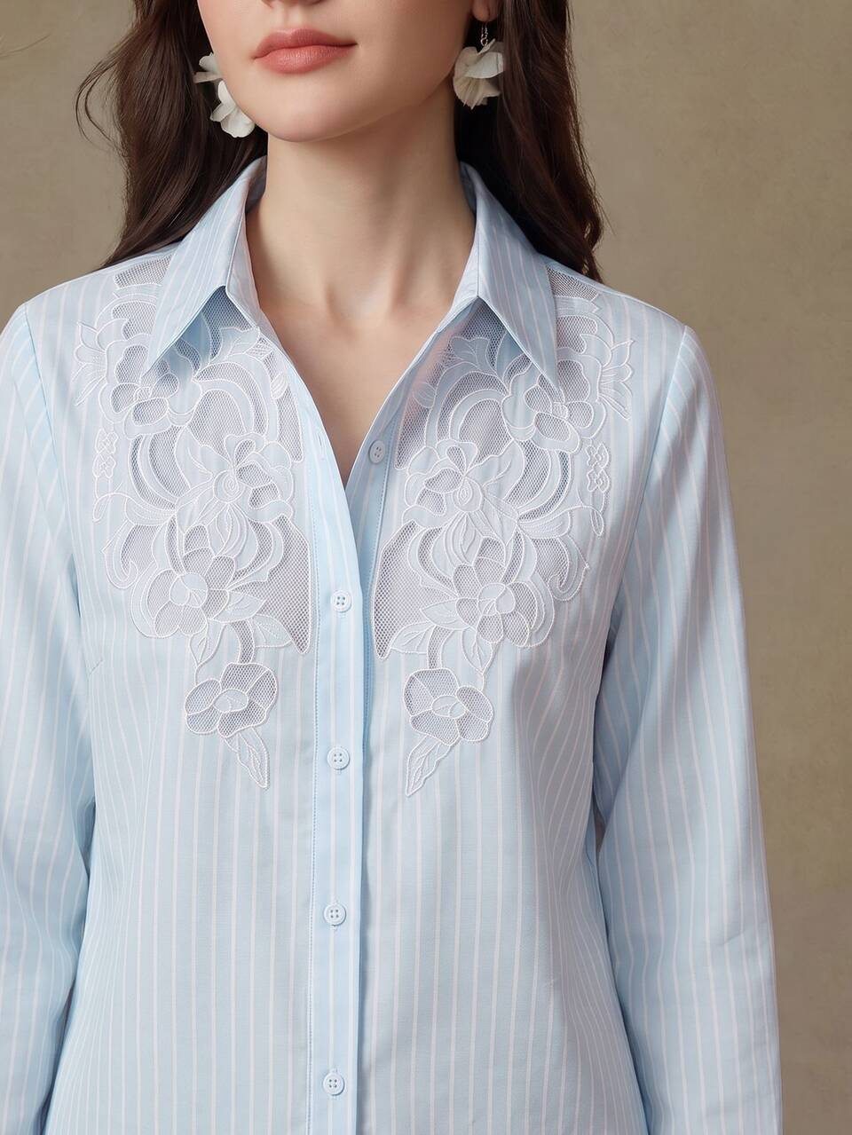 Anewsta Women's Elegant Hollow Embroidery Striped Lapel Single-Breasted Shirt, Fashion Design Versatile Long Sleeve Top, Going Out, Elegant, Leisure, Formal