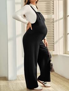 SHEIN Maternity Solid Color Casual Commute Overall Jumpsuit Fall - Black - View 5