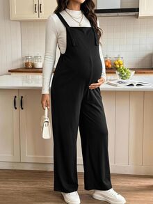 SHEIN Maternity Solid Color Casual Commute Overall Jumpsuit Fall - Black - View 2