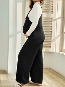 SHEIN Maternity Solid Color Casual Commute Overall Jumpsuit Fall - Black - View 9