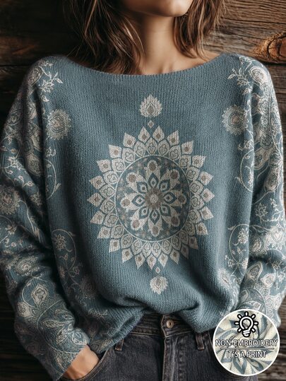 Linhara Plus Size Women's Casual Autumn/Winter Knit Top, Minimalist Versatile Retro Style, Mandala Print, Off-The-Shoulder Loose Fit, Suitable For Autumn/Winter Wear