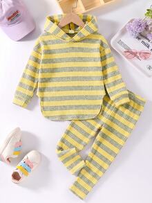 Elladie kids 女童新款黃灰條紋連帽長袖上衣與鬆緊腰休閒寬鬆軟針織長褲 2件套，春/秋 - 彩色 - 查看 6