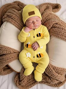 SHEIN Pelele de punto acanalado amarillo de manga larga con cuello redondo y botones delanteros para bebé recién nacido, otoño e invierno - Amarillo - Ver 4