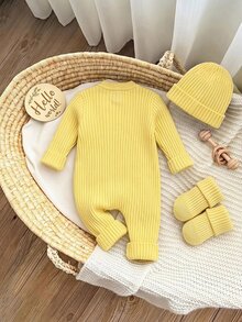 SHEIN Pelele de punto acanalado amarillo de manga larga con cuello redondo y botones delanteros para bebé recién nacido, otoño e invierno - Amarillo - Ver 3