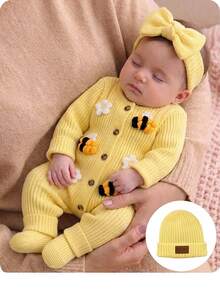 SHEIN Pelele de punto acanalado amarillo de manga larga con cuello redondo y botones delanteros para bebé recién nacido, otoño e invierno - Amarillo - Ver 7