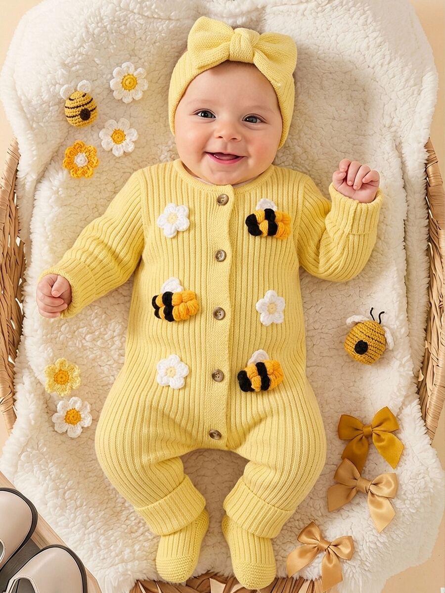 SHEIN Pelele de punto acanalado amarillo de manga larga con cuello redondo y botones delanteros para bebé recién nacido, otoño e invierno - Amarillo - Ver 1