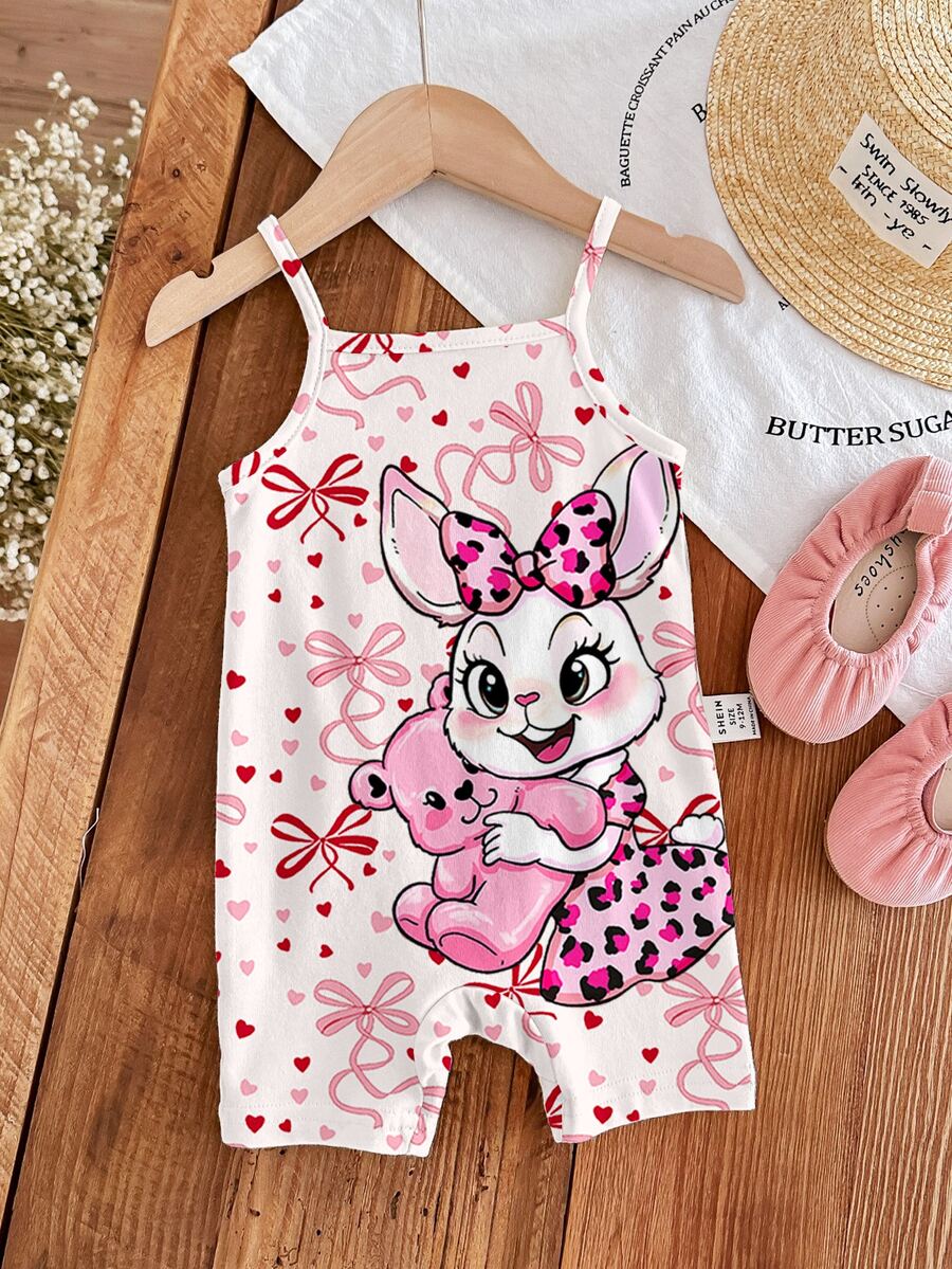 SHEIN LMoss Kids رومبير قصير بحمالات كاجوال للبنات الصغيرات بطبعة أرنب وفيونكة وقلب كرتوني بلون وردي دوبامين لطيف، مناسب للربيع والصيف والحفلات والعطلات وموسم الزفاف - متعدد الألوان - مشاهدة 1