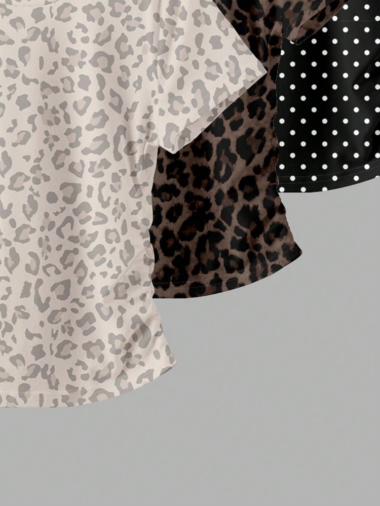 Dopamine Color, Leopard Print And Polka Dot, Tween Girls Simple Round Neck Waist Ruched Fitted Short Sleeve 3 Pieces T-Shirt Set, Suitable For Spring - Multicolor - View 4