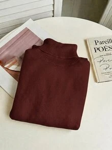 Franclia 歐美秋冬時尚百搭高領加厚抓絨修身長袖內搭針織毛衣 - 酒紅色 - 查看 8
