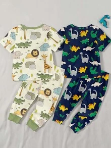 SHEIN LMoss Kids Baby Boy Casual Minimalist Slim Fit Crew Neck Comfortable Short Sleeve Long Pants Loungewear Multi-Piece Set Suitable, Snug Fit Snug Fit - Multicolor - View 2