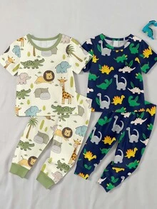 SHEIN LMoss Kids Baby Boy Casual Minimalist Slim Fit Crew Neck Comfortable Short Sleeve Long Pants Loungewear Multi-Piece Set Suitable, Snug Fit Snug Fit - Multicolor - View 1
