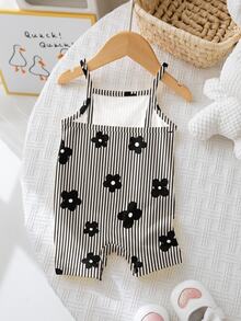 SHEIN LMoss Kids 【随机5件，送1件】复古甜美黑白条纹迷你碎花印花涂鸦碎花少女风休闲吊带连体衣，Y2K风，可爱风，女婴休闲款，适合春夏外出穿着，夏季童装，夏季外出必备，韩版风格，舒适百搭，时尚童装，Y2K风，可爱风，派对，日常，度假，可爱，舒适，外出，2026夏季，田园风，周末休闲，家庭出游，拍照服装，休闲风，婴幼儿印花上衣 - 彩色 - 查看 2