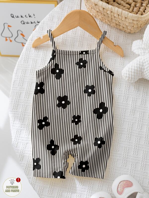 SHEIN LMoss Kids [Random 5pcs,Send 1pc] Baby Girl Casual Camisole Romper,Vintage Sweet Black & White Striped,Mini Floral Print,Cute Summer Vacation Outfits,Y2K Kawaii