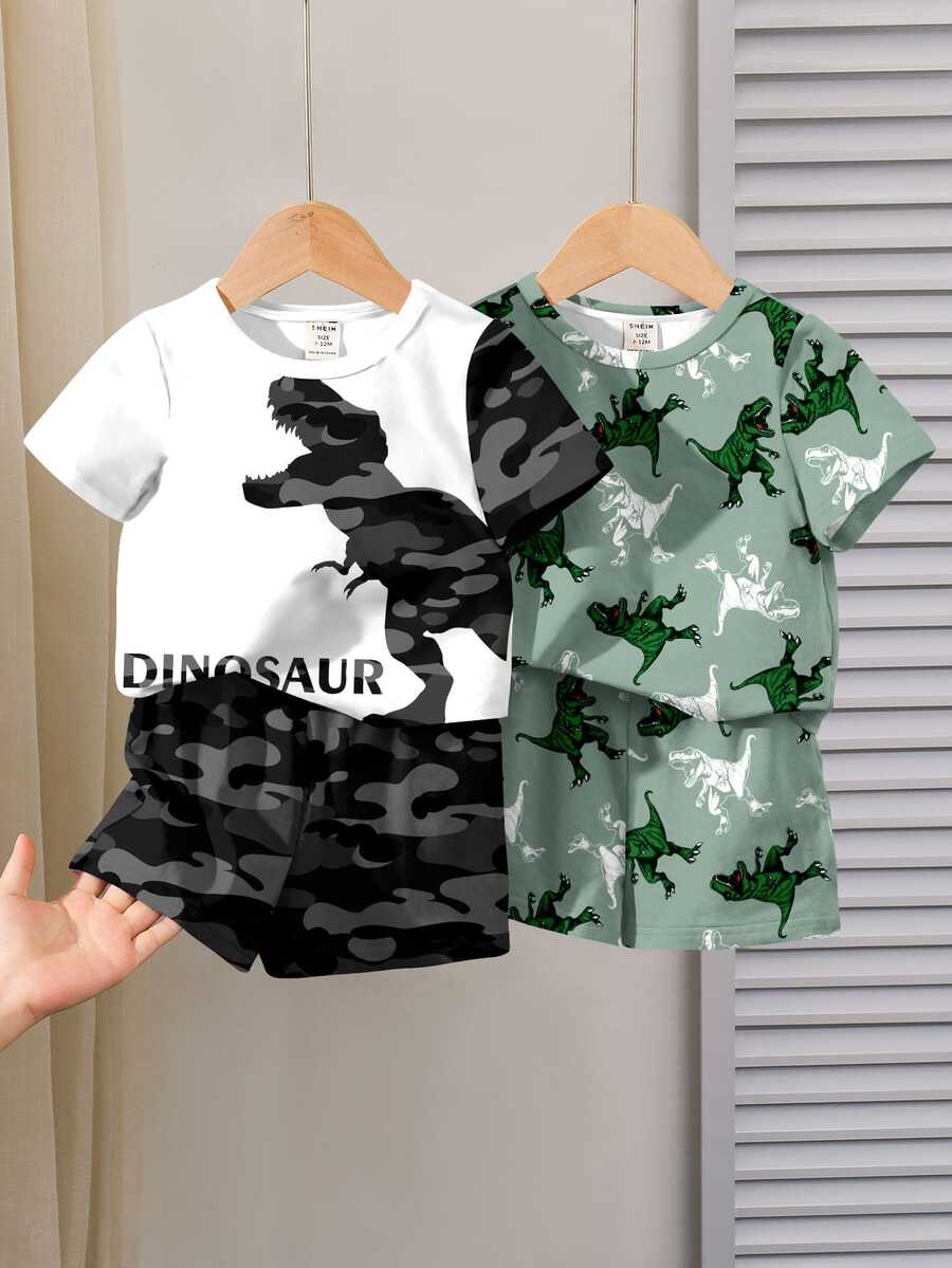 Young Boy Casual Dinosaur Graphic T-Shirt & Shorts Sets, Suitable For Spring & Summer - Multicolor - View 1