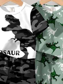 Young Boy Casual Dinosaur Graphic T-Shirt & Shorts Sets, Suitable For Spring & Summer - Multicolor - View 3