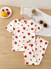 Tween Girl Casual Minimalist Cute Polka Dot Strawberry Heart Print, Sweet Style, Comfortable Short Sleeve Long Pants Patchwork Cuffed Leg Snug Fit - Multicolor - View 2