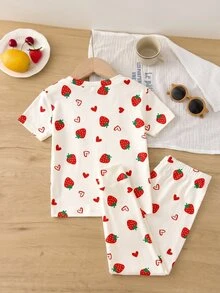 Tween Girl Casual Minimalist Cute Polka Dot Strawberry Heart Print, Sweet Style, Comfortable Short Sleeve Long Pants Patchwork Cuffed Leg Snug Fit - Multicolor - View 1