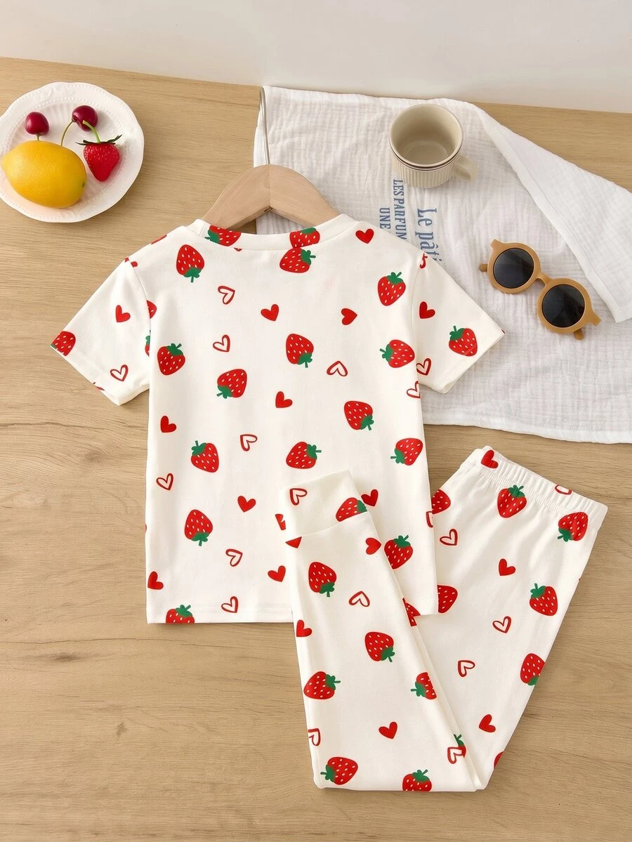 Tween Girl Casual Minimalist Cute Polka Dot Strawberry Heart Print, Sweet Style, Comfortable Short Sleeve Long Pants Patchwork Cuffed Leg Snug Fit - Multicolor - View 1