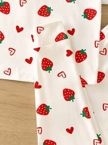 Tween Girl Casual Minimalist Cute Polka Dot Strawberry Heart Print, Sweet Style, Comfortable Short Sleeve Long Pants Patchwork Cuffed Leg Snug Fit - Multicolor - View 4