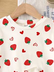 Tween Girl Casual Minimalist Cute Polka Dot Strawberry Heart Print, Sweet Style, Comfortable Short Sleeve Long Pants Patchwork Cuffed Leg Snug Fit - Multicolor - View 3