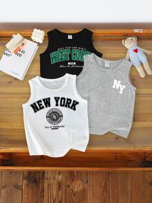 SHEIN LMoss Kids 小男孩經典城市名稱圖案印花無袖背心，休閒夏季穿搭，隨機發送3件 - 彩色 - 查看 1