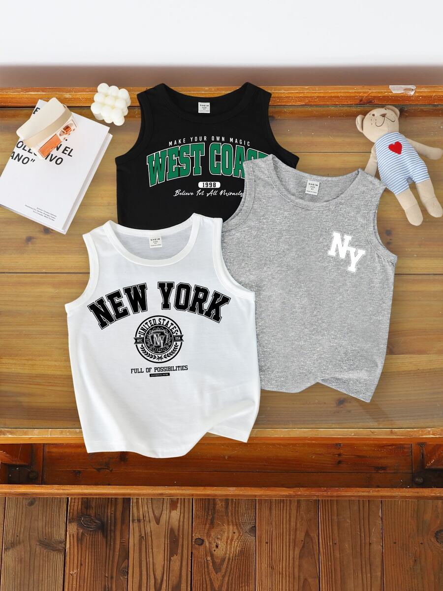 SHEIN LMoss Kids 小男孩經典城市名稱圖案印花無袖背心,休閒夏季穿搭,隨機發送3件 - 彩色 - 查看 1