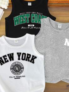 SHEIN LMoss Kids 小男孩經典城市名稱圖案印花無袖背心，休閒夏季穿搭，隨機發送3件 - 彩色 - 查看 3