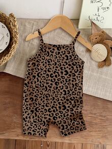 SHEIN LMoss Kids 復古可愛豹紋系列 Chill Chill 嬰兒女童休閒細肩帶連身褲，適合春夏穿著 - 彩色 - 查看 1