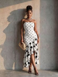 BamGlimmer Gaun Kasual Wanita Motif Polkadot Warna Blok dengan Belahan Lipat untuk Sehari-hari - Putih - View 2