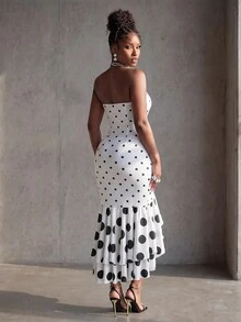 BamGlimmer Gaun Kasual Wanita Motif Polkadot Warna Blok dengan Belahan Lipat untuk Sehari-hari - Putih - View 3