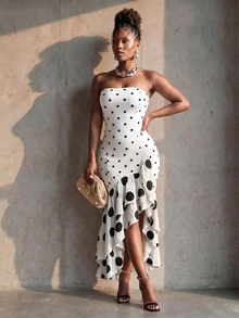 BamGlimmer Gaun Kasual Wanita Motif Polkadot Warna Blok dengan Belahan Lipat untuk Sehari-hari - Putih - View 5