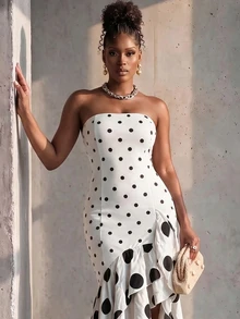 BamGlimmer Gaun Kasual Wanita Motif Polkadot Warna Blok dengan Belahan Lipat untuk Sehari-hari - Putih - View 6