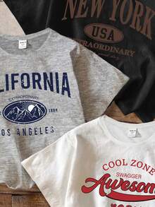 Tween Boy Casual Round Neck Short Sleeve T-Shirts, City Text Graphic Print, Sage Green, Summer, Casual, School, Back-To-School Tops - Multicolor - View 3