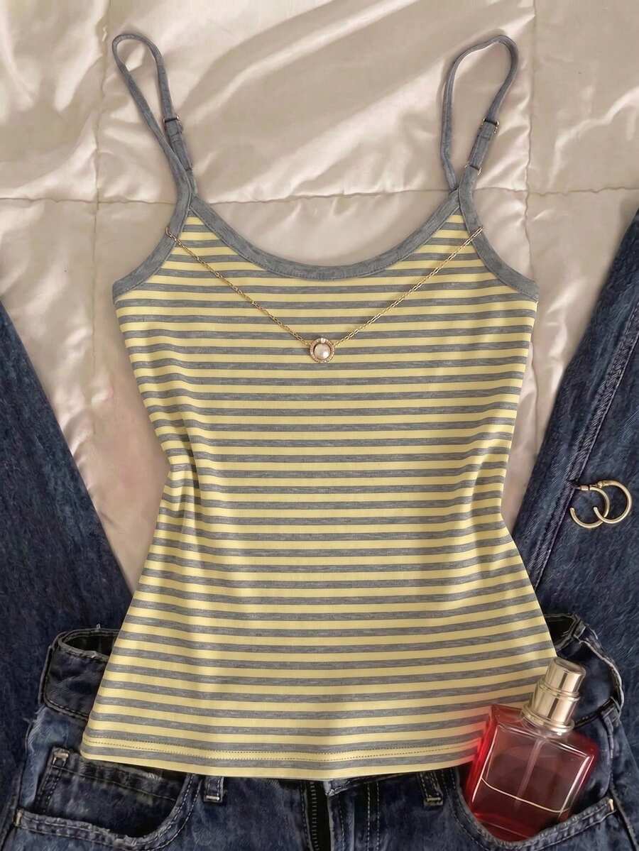 SHEIN 青少年女孩黃色細肩帶背心上衣,夏季休閒極簡風,返校畢業穿搭,校園運動戶外野餐 - 彩色 - 查看 1