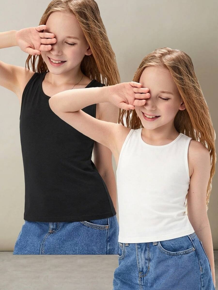 Teen Girls' Solid Color Round Neck Casual Versatile Daily Wear Tops - Multicolor - View 1