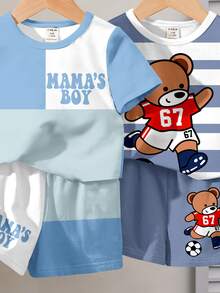 2 Random Sets Out Of 4 T-Shirt & Shorts Sets. Baby Boy T-Shirt Set Casual Minimalist Suitable For Spring & Summer, Classic Cool Handsome Cute Retro Color Block Patchwork Pattern Print, Classic Stripe Bear Pattern Print - Multicolor - View 3