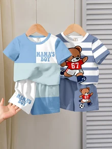 2 Random Sets Out Of 4 T-Shirt & Shorts Sets. Baby Boy T-Shirt Set Casual Minimalist Suitable For Spring & Summer, Classic Cool Handsome Cute Retro Color Block Patchwork Pattern Print, Classic Stripe Bear Pattern Print - Multicolor - View 1