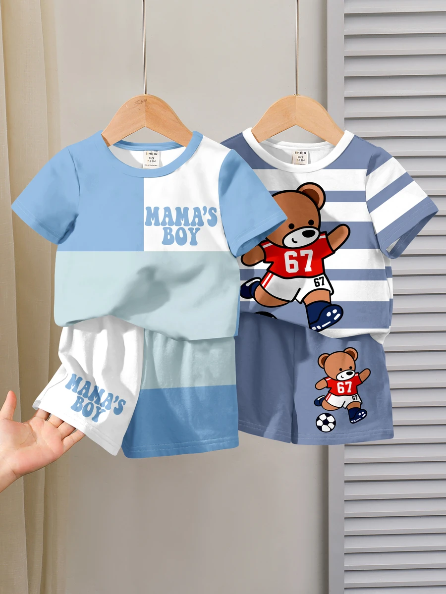 2 Random Sets Out Of 4 T-Shirt & Shorts Sets. Baby Boy T-Shirt Set Casual Minimalist Suitable For Spring & Summer, Classic Cool Handsome Cute Retro Color Block Patchwork Pattern Print, Classic Stripe Bear Pattern Print - Multicolor - View 1